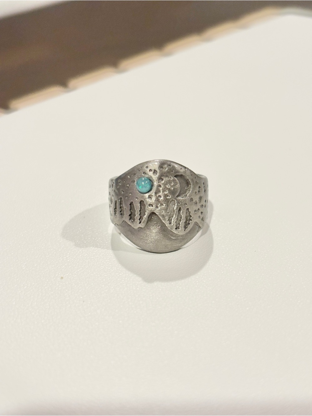 Vintage Silver Tone Size 10 Turquoise Moon Mountain Boho Statement Ring